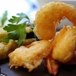 Tempura de gambas y berenjenas a la miel